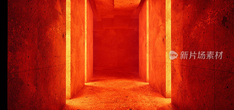 抽象的建筑混凝土和coquina室内极简主义的房子，橙色渐变霓虹灯照明。3 d渲染。